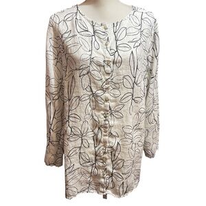 Cynthia Rowley Womens Linen Tunic Leaves Roll Tab White Black 1X Summer Coastal